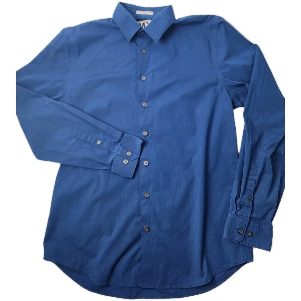 1MX Express Mens M Medium Fitted Royal Blue Button Up Long Sleeve Shirt
